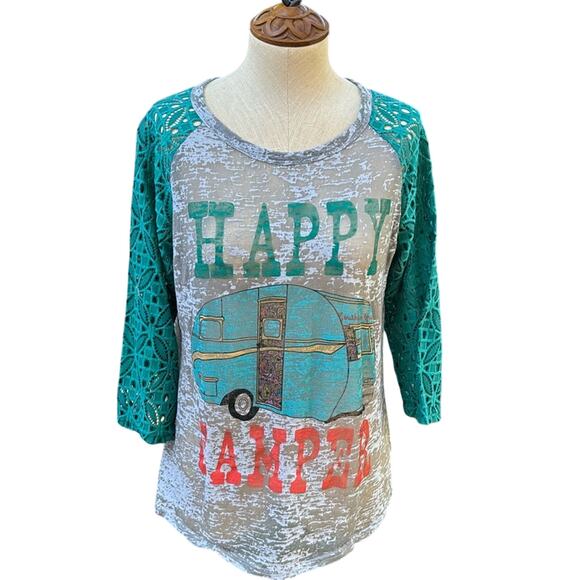 Southern Grace Happy Camper Lace Sleeved Shirt Teal Green/Gray Burnout Large - Picture 1 of 13